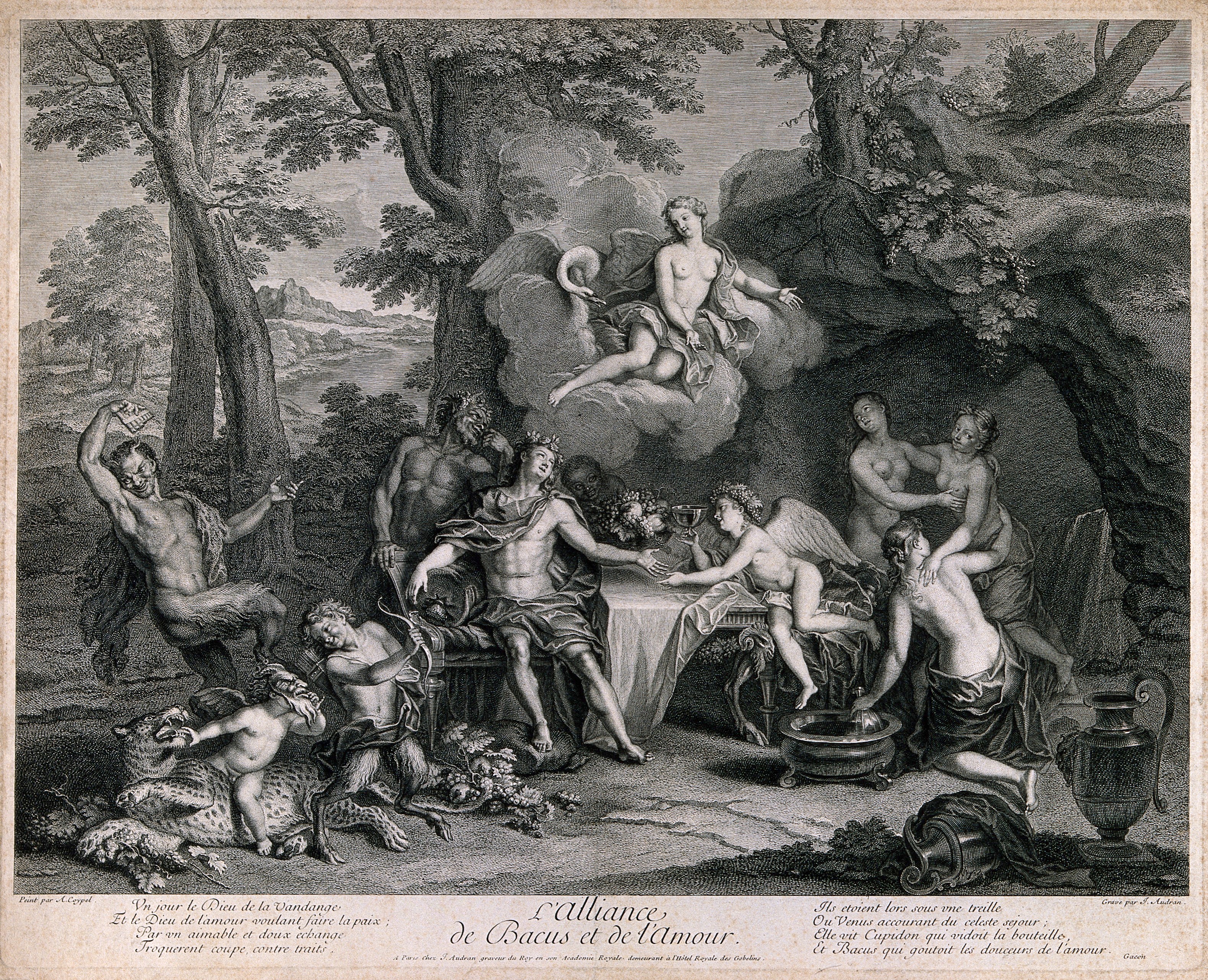 Bacchus with satyrs with Venus offering him a cup of love